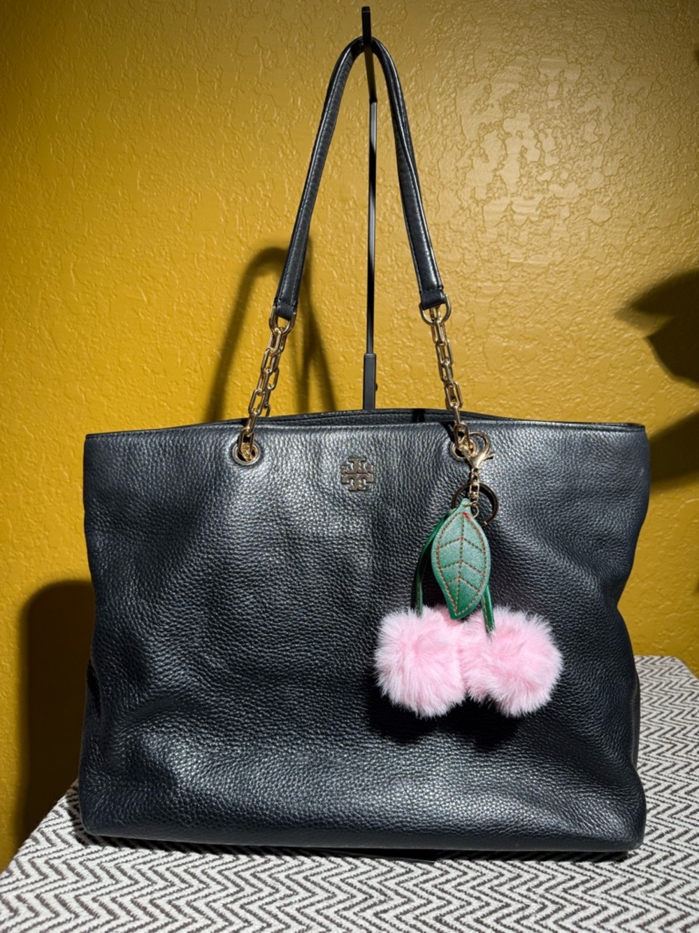Lt Pink Cherry Pom Pom Keychain Bag Charm - Green Leaf